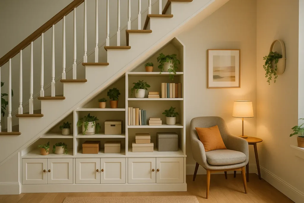 Kreatywna aranżacja przestrzeni pod schodami z półkami i roślinami