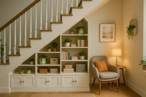 Kreatywna aranżacja przestrzeni pod schodami z półkami i roślinami