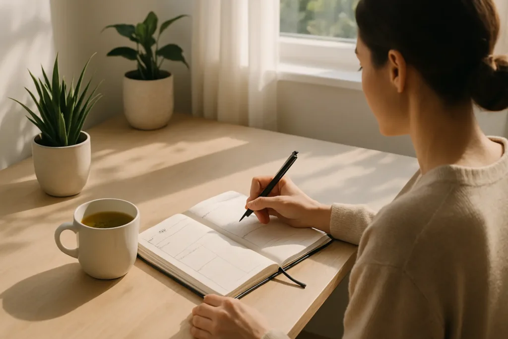 Osoba pracująca przy biurku, otoczona uporządkowanymi notatkami.