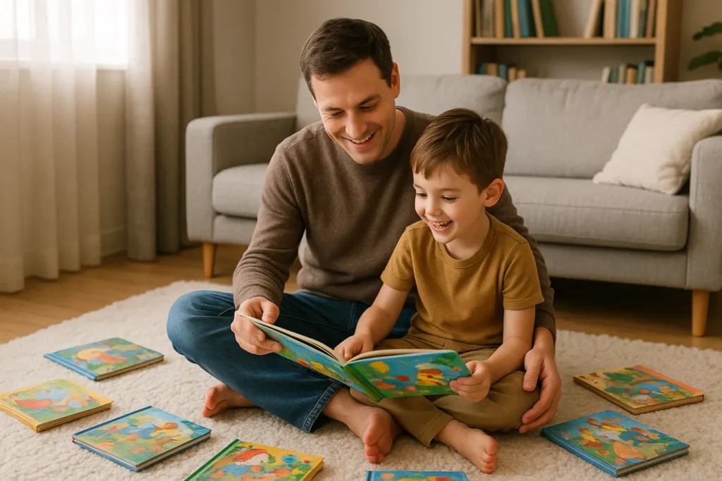 Rodzina wspólnie czytająca książki w domowym zaciszu