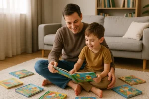 Rodzina wspólnie czytająca książki w domowym zaciszu