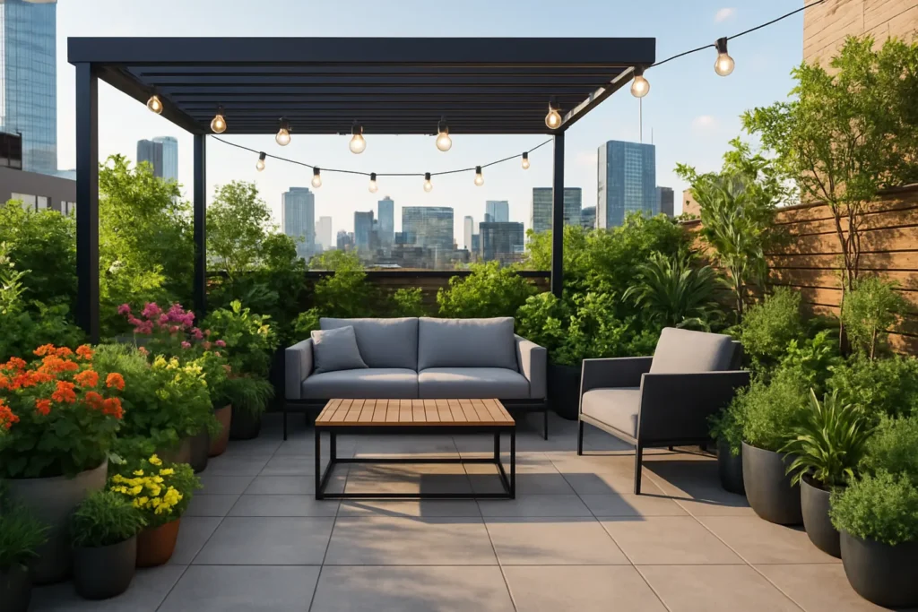 Nowoczesny taras miejski urządzony zielenią i eleganckimi meblami