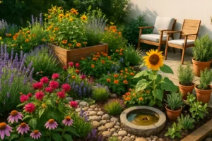 Kolorowy ogród z kwitnącymi roślinami przyjaznymi dla pszczół