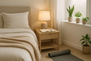 Przytulna sypialnia z wygodnym łóżkiem w stonowanych kolorach