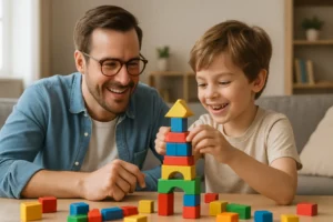Rodzic i dziecko razem przy stole, uczestniczący w edukacyjnej zabawie.