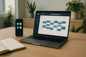 Kobieta pracująca zdalnie przy komputerze z narzędziami AI