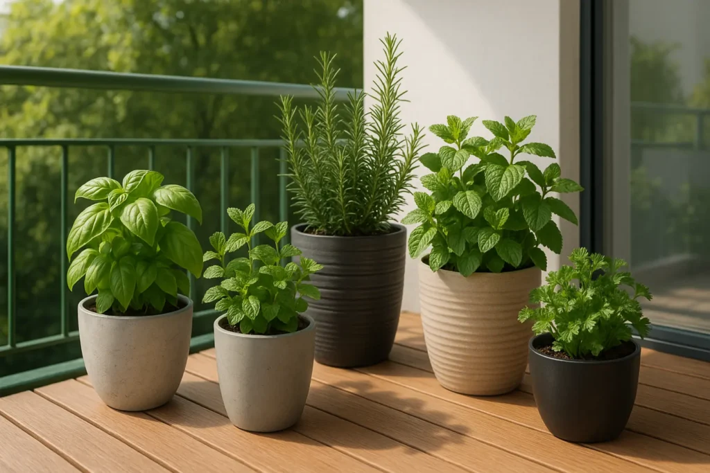 Zielone zioła rosnące w donicach na balkonie