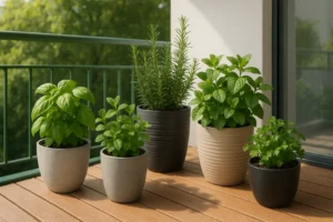 Zielone zioła rosnące w donicach na balkonie