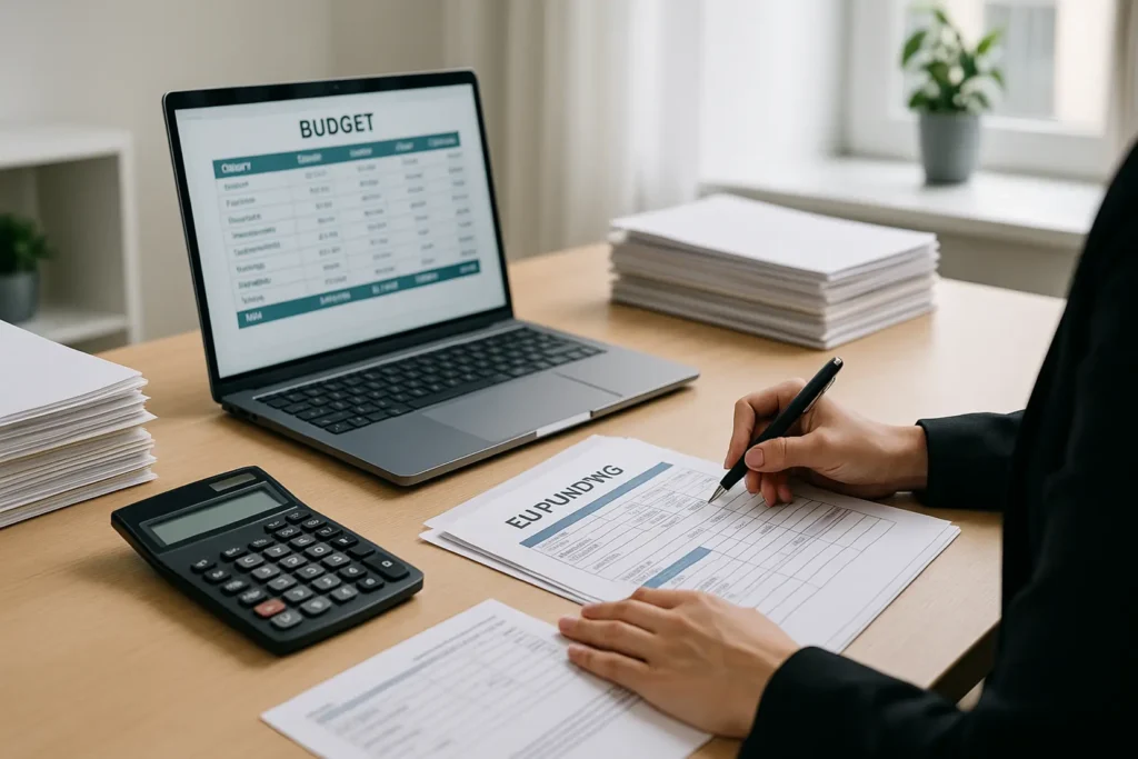 Osoba analizująca dokumenty finansowe z laptopem