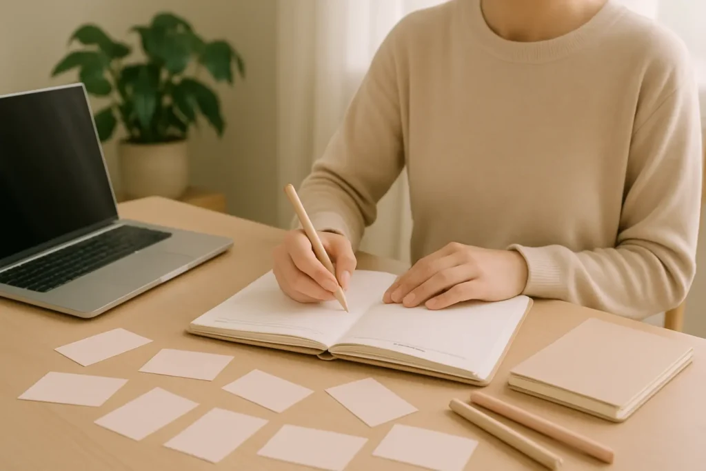 Osoba planująca dzień przy biurku z notesem i komputerem