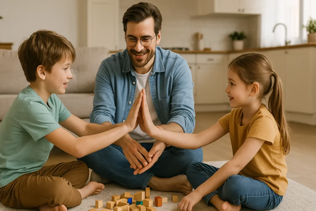 Dwoje dzieci bawiących się razem pod opieką uśmiechniętej mamy.