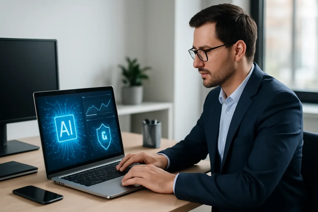 Obrazek przedstawiający schemat wykorzystania AI w zabezpieczeniach firmowych