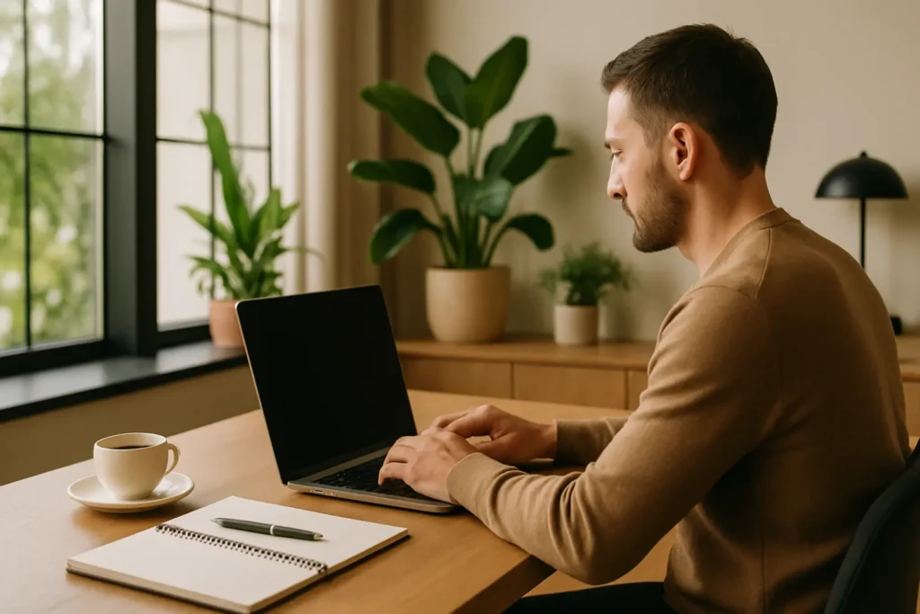 Freelancer pracujący przy komputerze nad strategią SEO