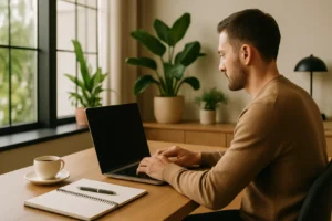 Freelancer pracujący przy komputerze nad strategią SEO