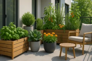 Balkon z ekologicznym ogrodem pełnym zielonych roślin w donicach