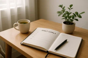 Osoba z notatnikiem planująca zadania dnia przy biurku.