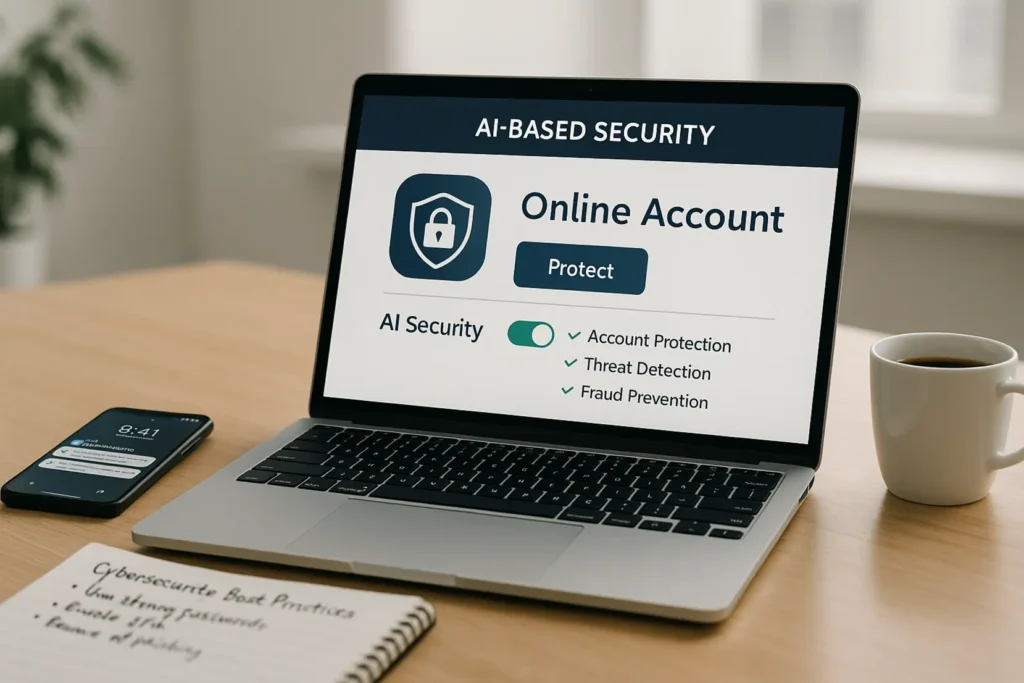 Grafika przedstawiająca zabezpieczenia konta online z wykorzystaniem sztucznej inteligencji