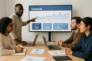 Osoba przeglądająca portal Facebook na laptopie, myśląca o lokalnej kampanii reklamowej