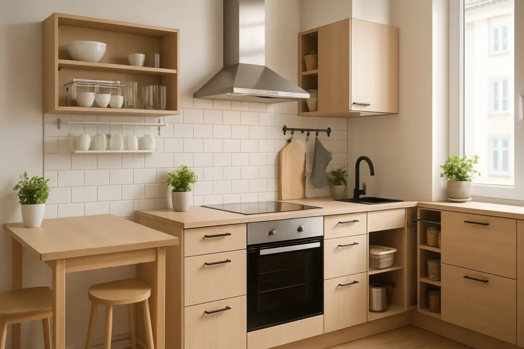 Przykład małej, funkcjonalnej kuchni z dobrze zaplanowaną przestrzenią.