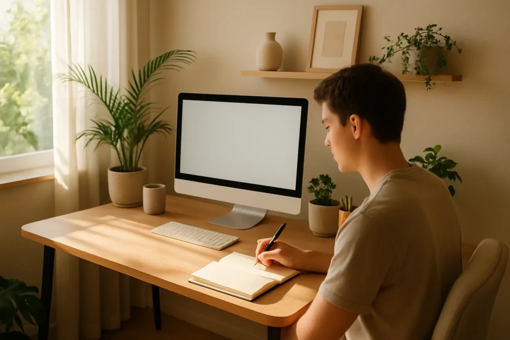 Osoba rozciągająca się przy biurku podczas krótkiej przerwy