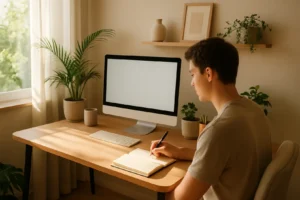 Osoba rozciągająca się przy biurku podczas krótkiej przerwy