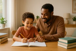 Dziecko uczące się przy biurku w zaciszu domowym