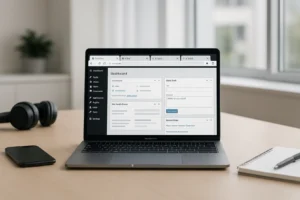 Komputer z otwartą stroną WordPress i narzędziami AI