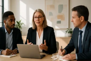 Dwa biznesmenów omawiających strategię współpracy lokalnej w biurze.