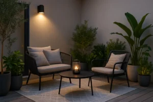 Mały taras z wygodnymi meblami i kwiatami, urządzony w stylowej kolorystyce.