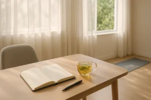 Osoba medytująca na tle spokojnego krajobrazu