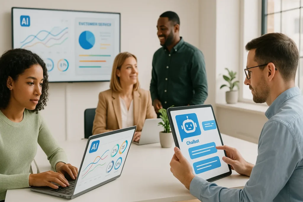 Osoba korzystająca z oprogramowania AI na laptopie w małej firmie