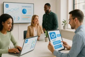 Osoba korzystająca z oprogramowania AI na laptopie w małej firmie