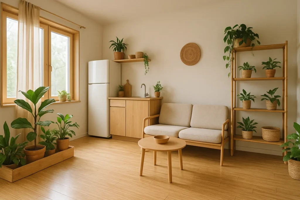 Wnętrze małego mieszkania z nowoczesnymi, ekologicznymi rozwiązaniami.