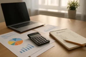 Kobieta analizująca dane finansowe na laptopie w biurze.