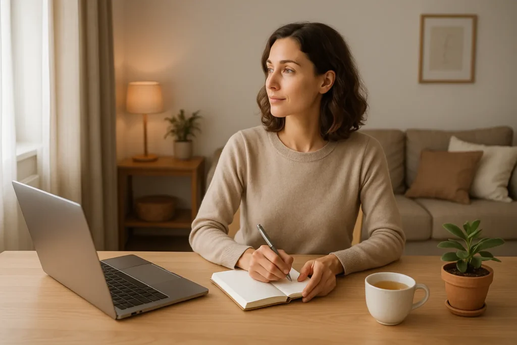 Osoba pracująca przy biurku z notesem pełnym zadań