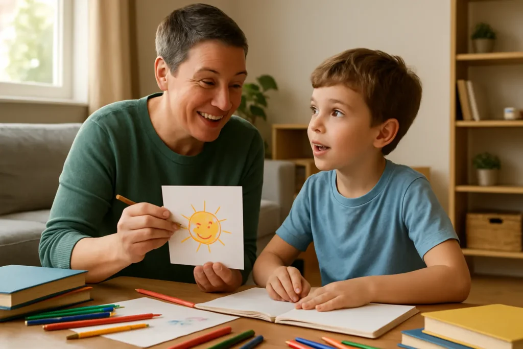 Rodzic rozmawiający z dzieckiem na ławce w parku.