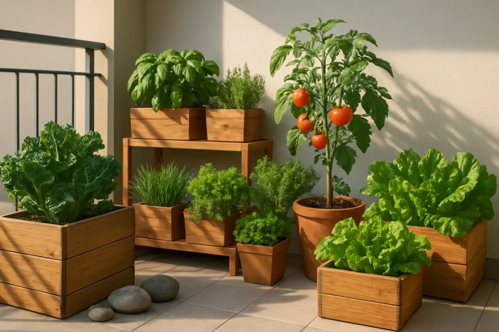 Mały taras z ekologicznie zorganizowanymi donicami i warzywami