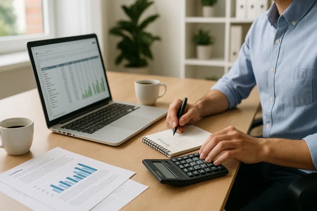 Przedsiębiorca analizujący dokumenty finansowe przy biurku