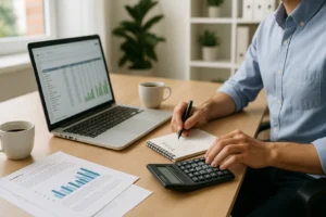 Przedsiębiorca analizujący dokumenty finansowe przy biurku