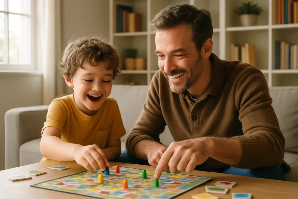 Dziecko i rodzice grający w grę planszową przy stole