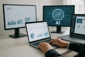 Komputer z wyświetlonym panelem administracyjnym WordPress