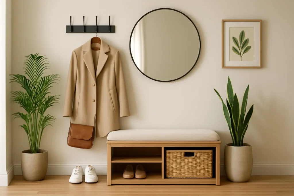 Stylowy i funkcjonalny przedpokój z dobrze dobranymi meblami i oświetleniem