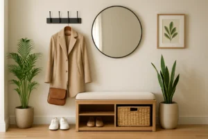 Stylowy i funkcjonalny przedpokój z dobrze dobranymi meblami i oświetleniem