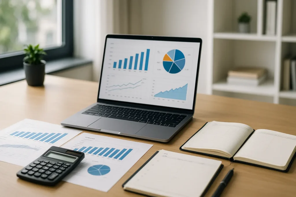 Przedsiębiorca analizujący budżet na laptopie