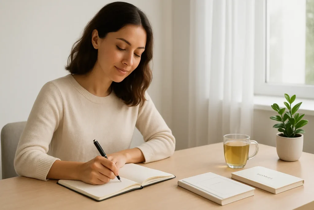 Człowiek relaksujący się z kubkiem herbaty, reprezentujący spokój i uważność.
