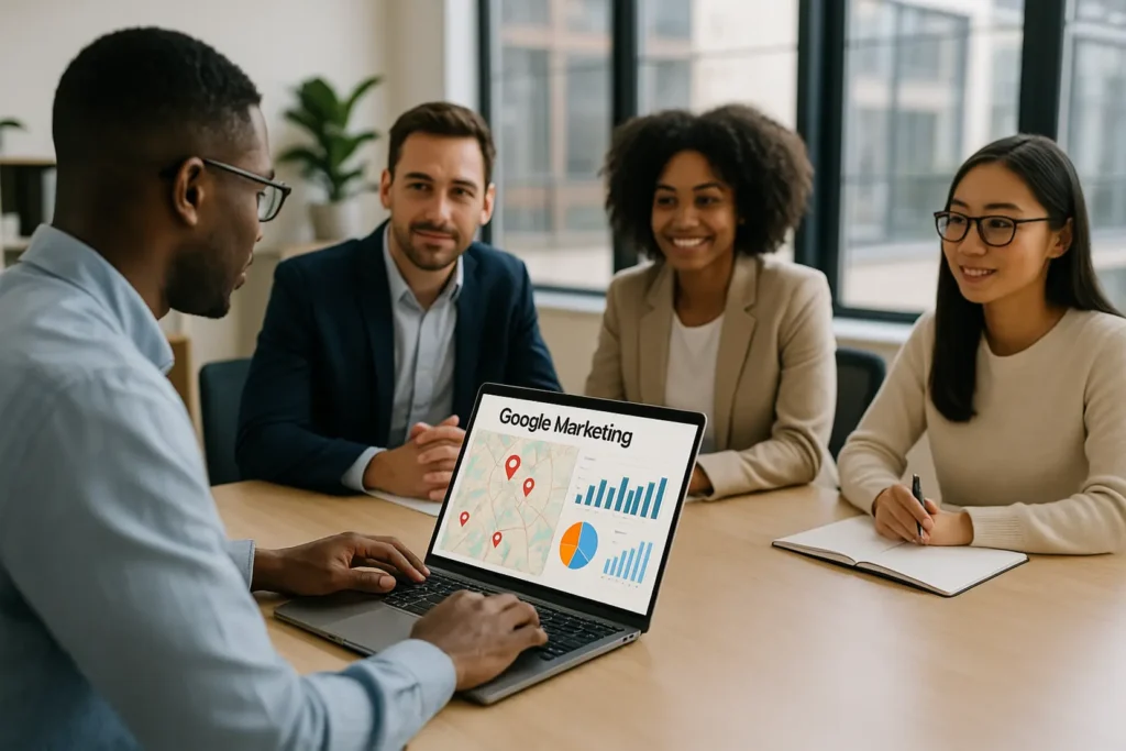 Grafika przedstawiająca mapę lokalną z zaznaczonymi punktami firm