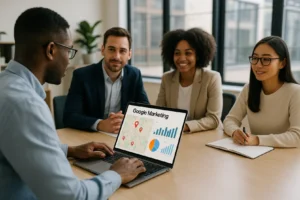 Grafika przedstawiająca mapę lokalną z zaznaczonymi punktami firm