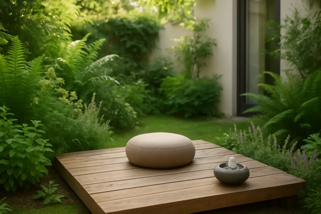 Przykład spokojnego kącika medytacyjnego w ogrodzie z zielenią i ławką