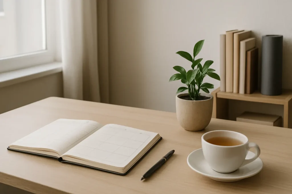 Osoba pracująca przy uporządkowanym biurku