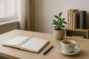 Osoba pracująca przy uporządkowanym biurku